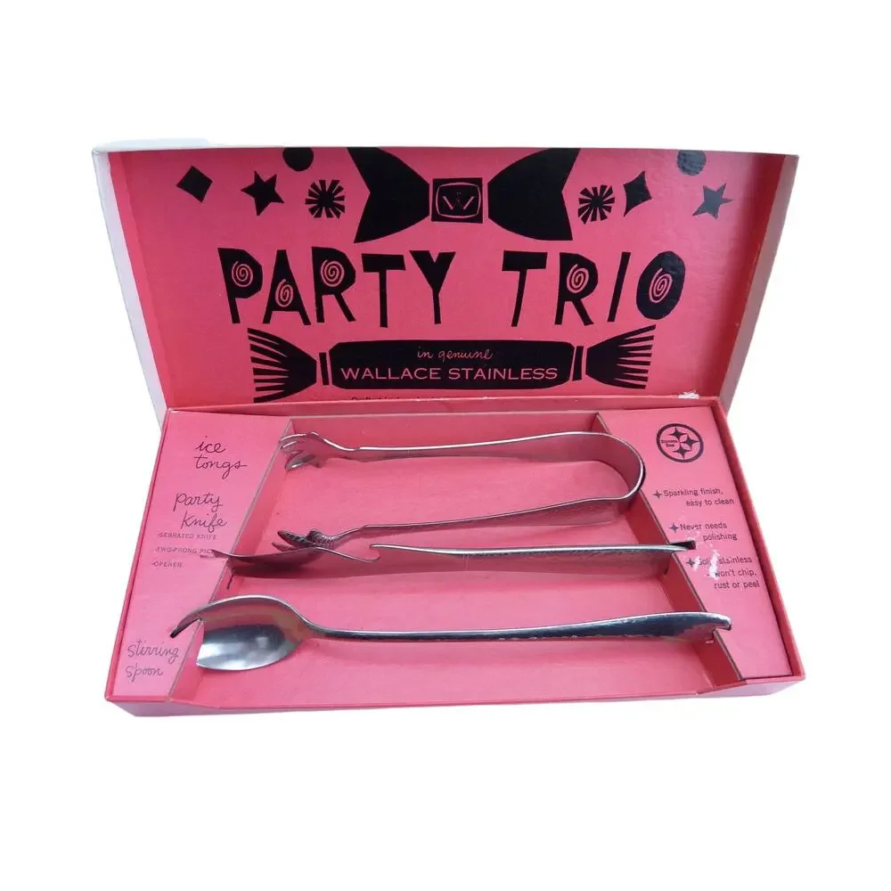 Vintage Stainless Steel Party Trio Tongs Spoon Set Housewarming Gift Spring